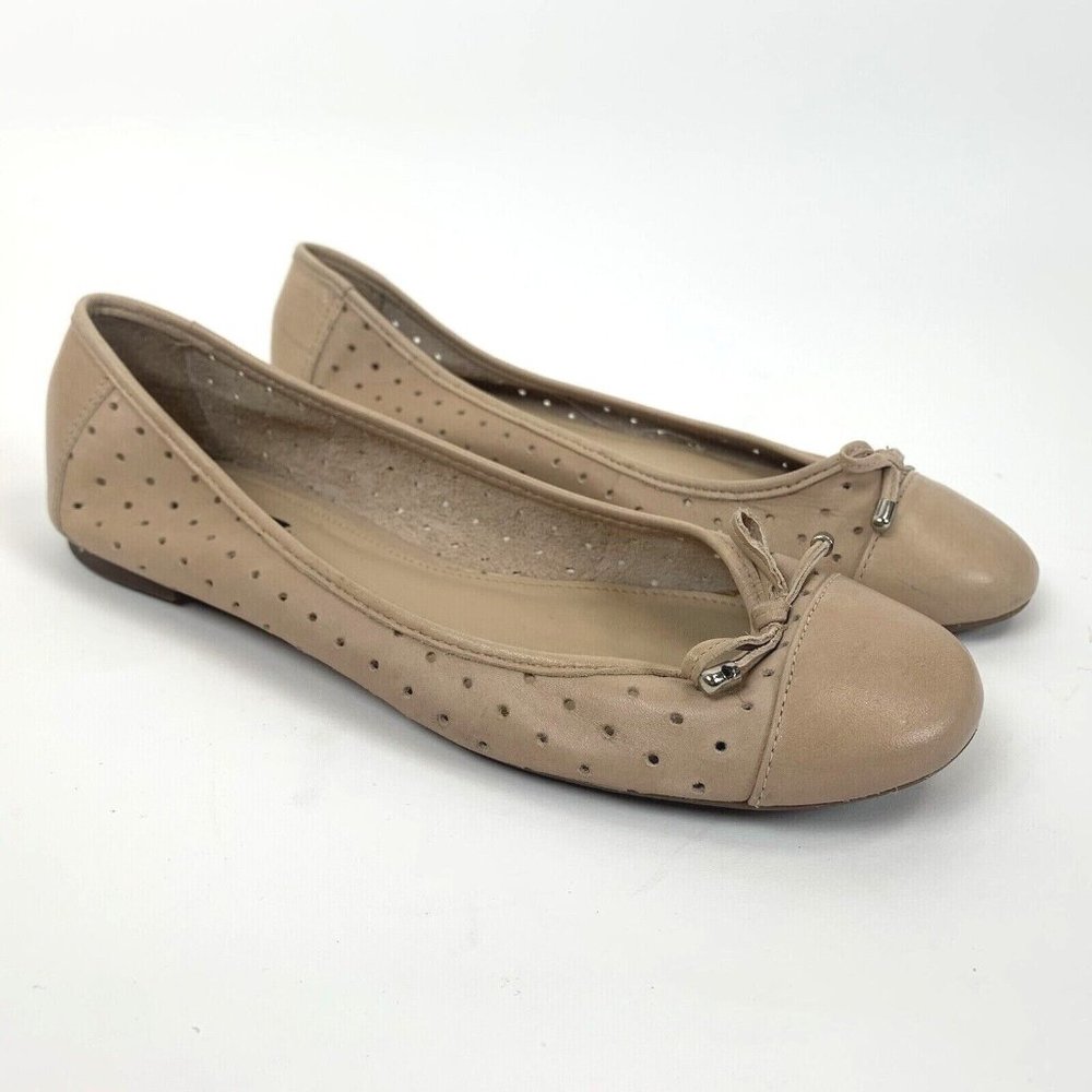 Beige Perforated Ballet Flats with Bow
